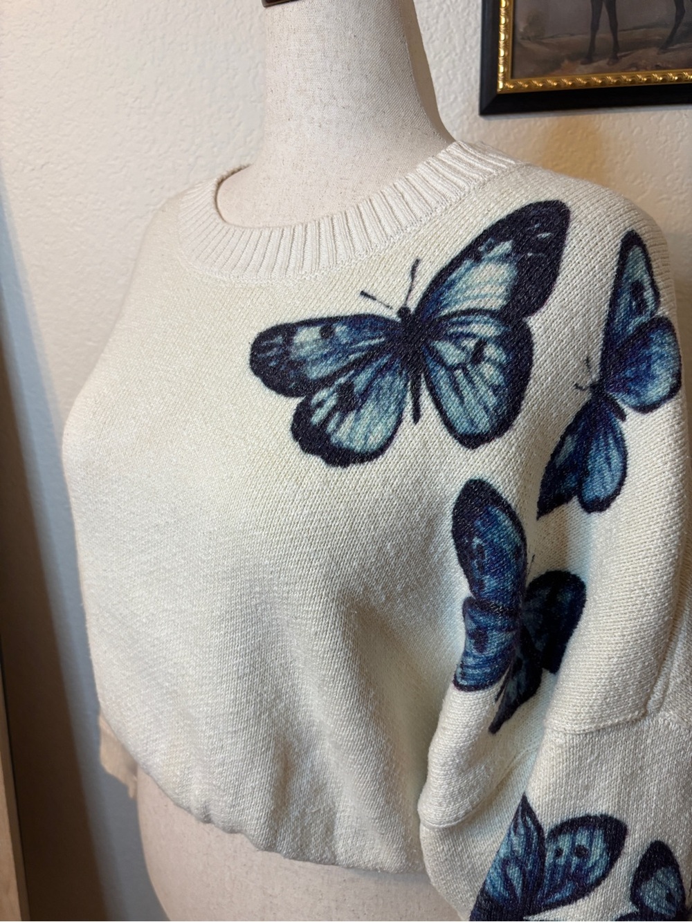Butterfly Long Sleeve Crew Sweater-Cream with Blue Butterflies-Size Medium - Picture 7 of 13